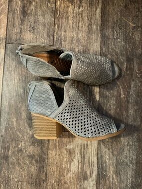 Qupid Gray Perforated Peep-Toe Block Heel Booties